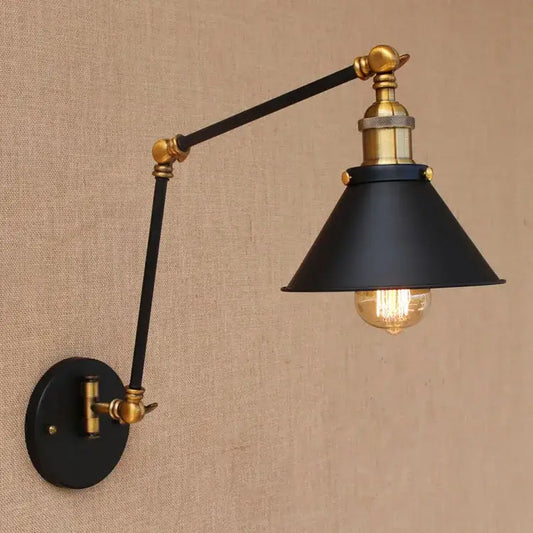 Industrial black and brass swing arm wall lamp with flexible arm and conical shade for bedroom decorbites industrial swing decor