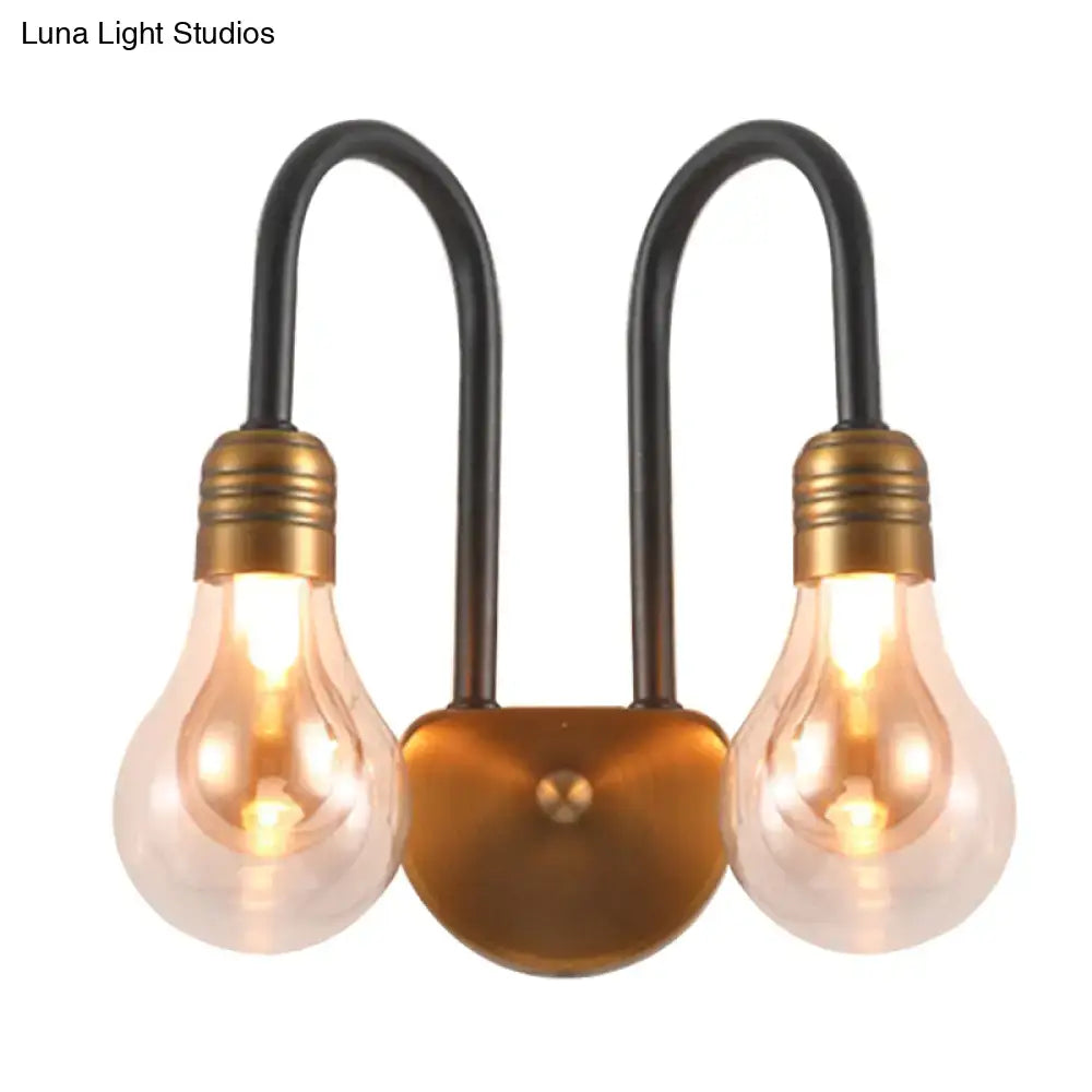 Vintage-style industrial black and brass wall lamp with dual incandescent bulbs and curved arm fixture width ideal for bedroom light