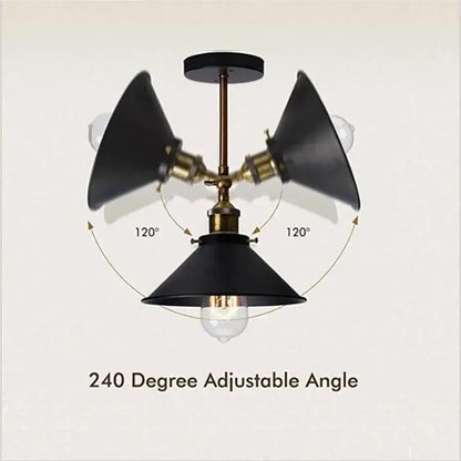 Industrial black wall lamp with three adjustable conical shades and brass accents for bedroom decorbites industrial black style