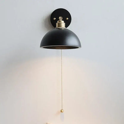 Industrial black and brass wall light fixture dome-shaped sconce with pull chain for bedroom lighting
