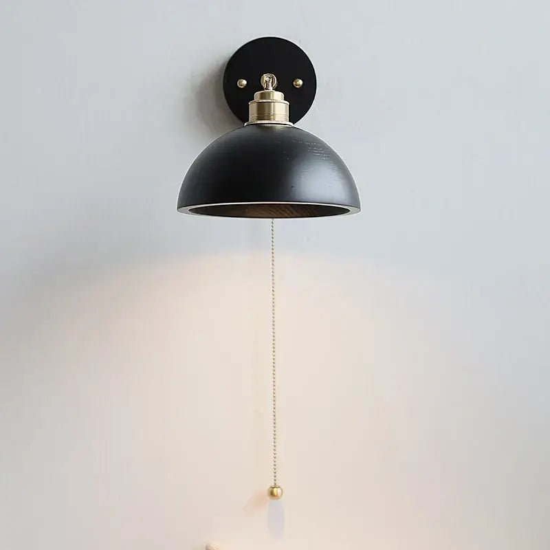 Industrial black and brass wall light fixture dome-shaped sconce with pull chain for bedroom lighting