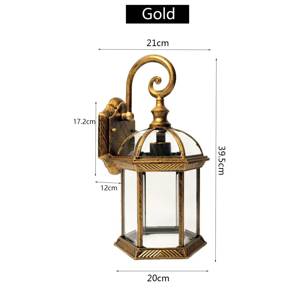 Gold-finished wrought iron wall lamp with clear glass panels and geometric patterns for decorbites black bronze wall decor