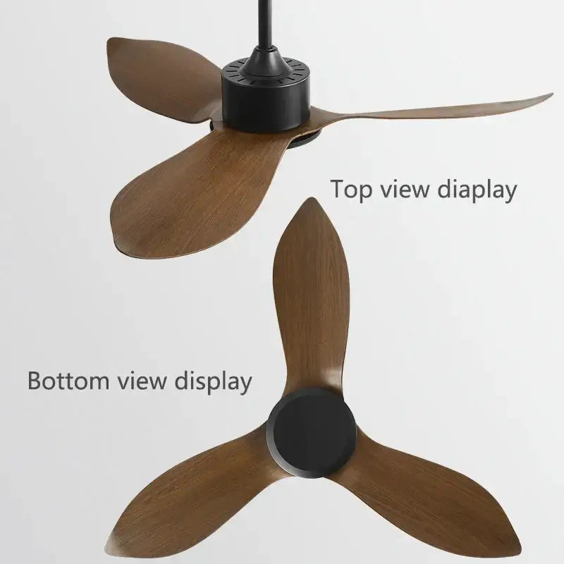 Modern industrial black and brown remote control ceiling fan with three dark brown wooden blades for bedroom use