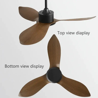Modern industrial black and brown remote control ceiling fan with three dark brown wooden blades for bedroom use