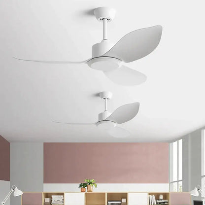 Modern white ceiling fan with sleek aerodynamic blades and remote control for industrial black and brown bedroom use