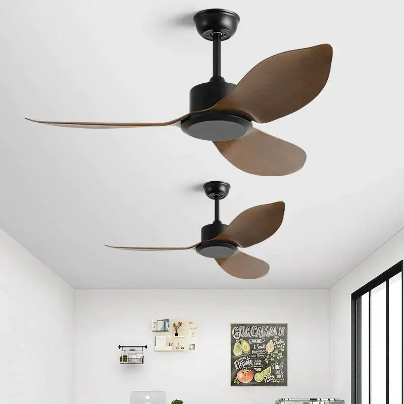 Industrial black and brown remote control ceiling fan with three wooden blades for bedroom use
