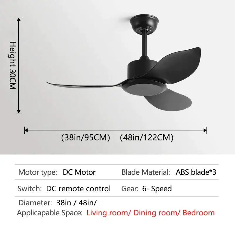 Industrial black and brown remote control ceiling fan with three sleek abs blades and dc motor for bedrooms