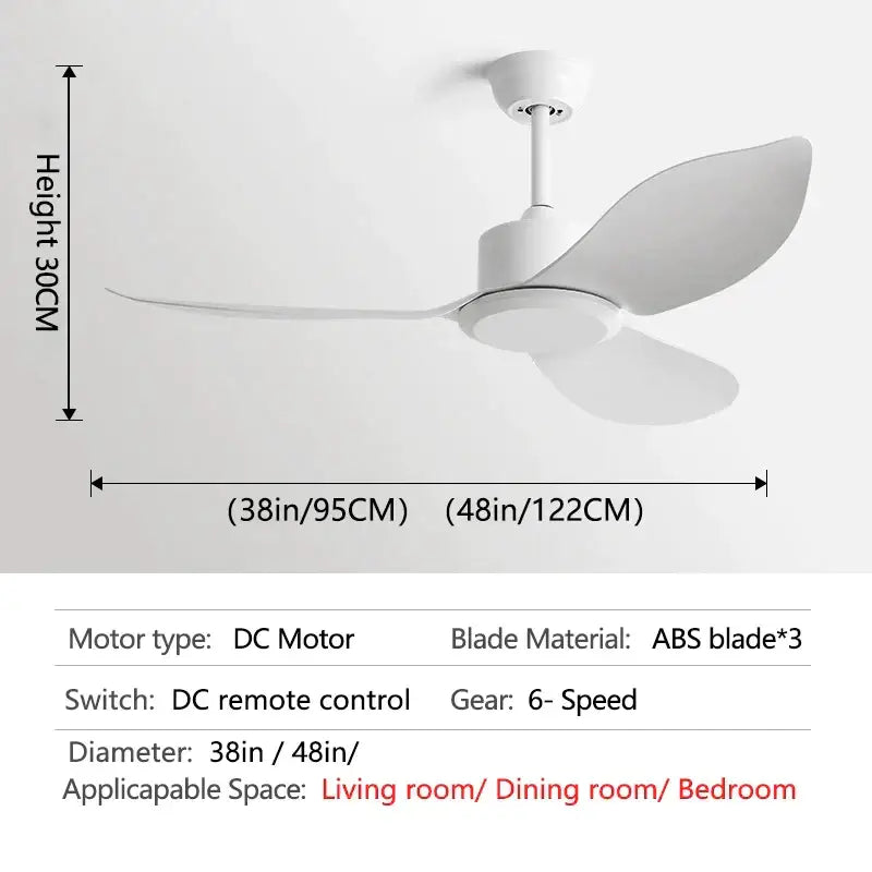 White ceiling fan with three curved abs blades in a modern minimalist design for industrial remote control ceiling use