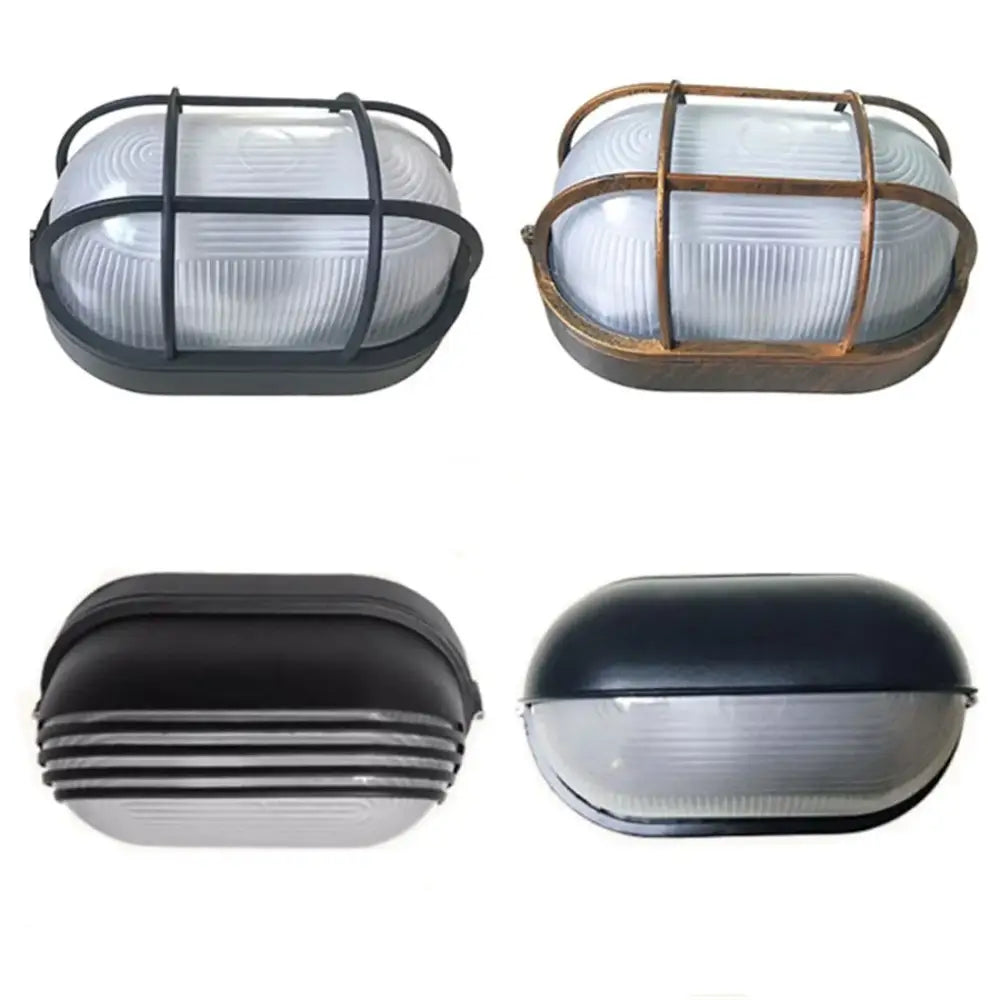 Industrial black bulkhead wall light with oval frosted glass diffusers and metal cage frame for patio security sconce