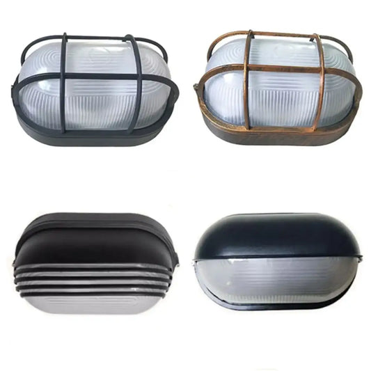 Industrial black bulkhead wall light with oval frosted glass diffusers and metal cage frame for patio security sconce