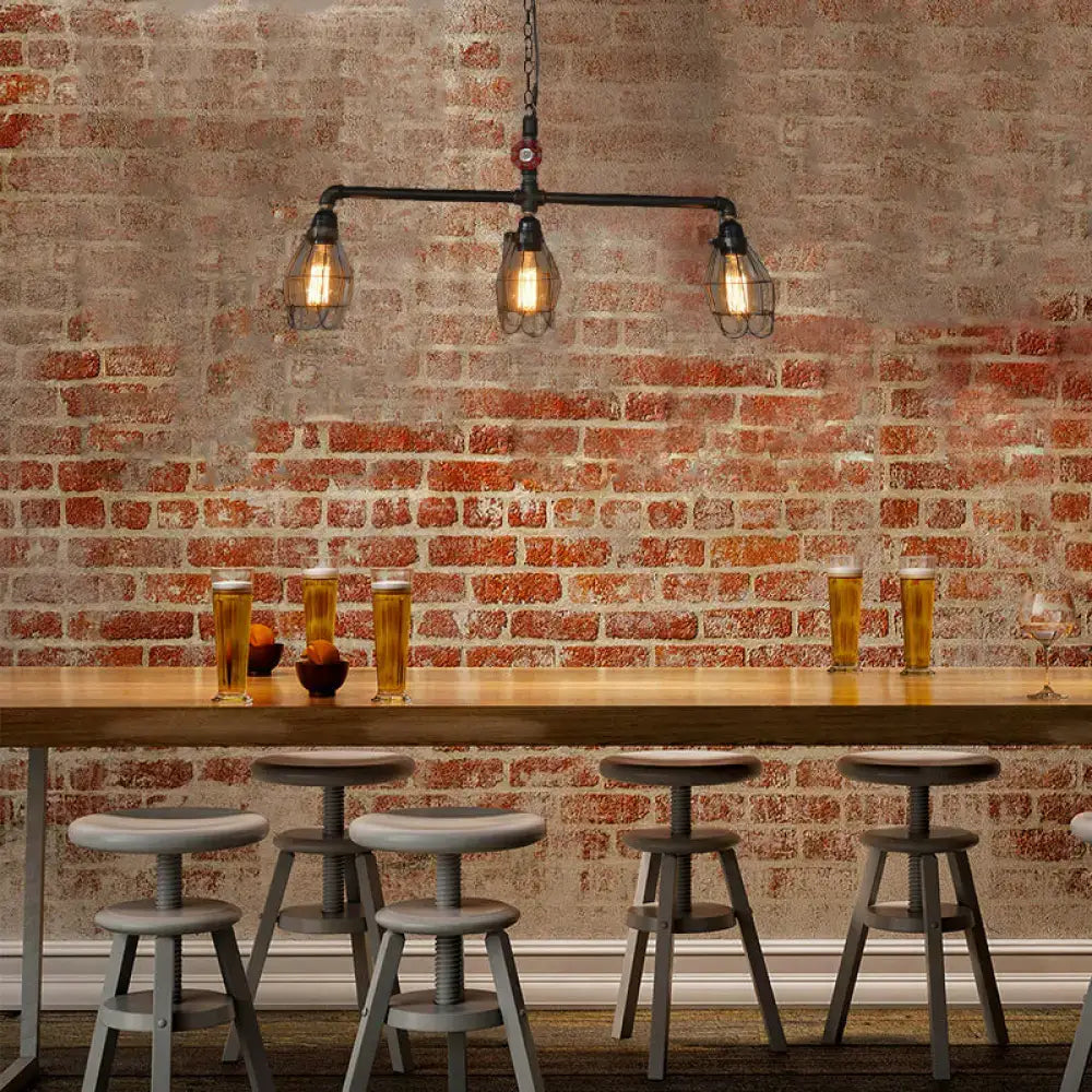 Decorbites industrial 3-light black iron pendant with red valve and cord length for dining room and island lighting