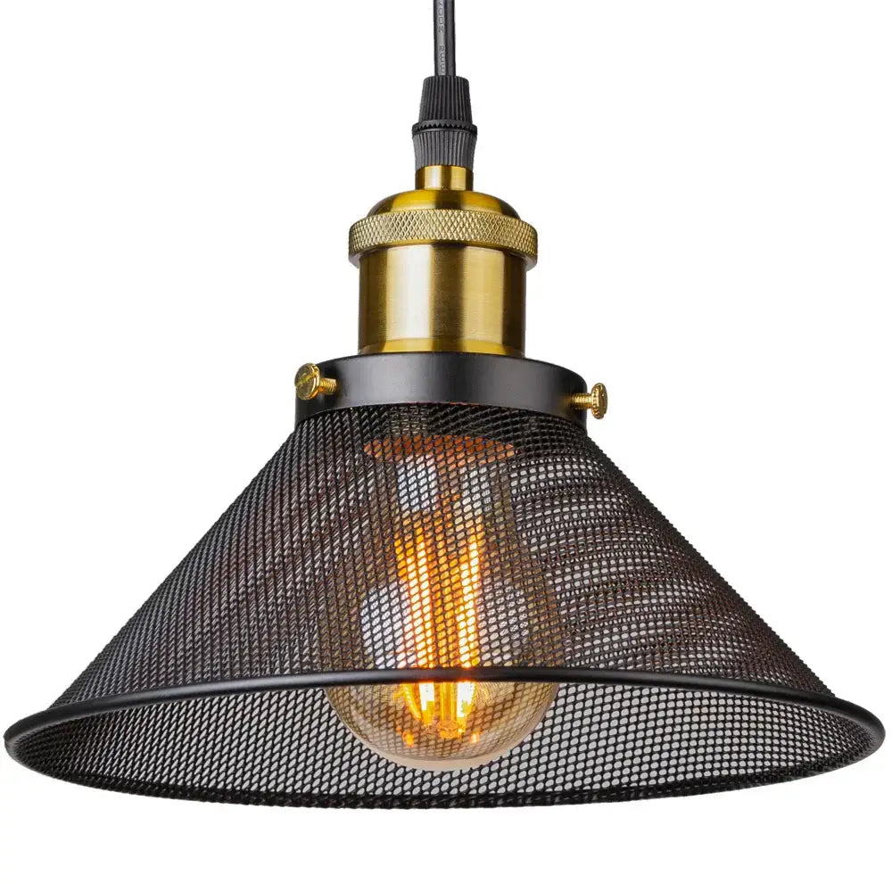 Industrial pendant light featuring a black cage mesh shade and brass-finished hardware by decorbites black cage