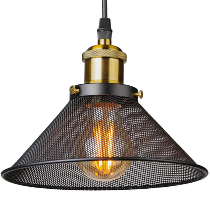 Industrial pendant light featuring a black cage mesh shade and brass-finished hardware by decorbites black cage