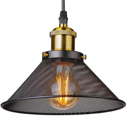Industrial pendant light featuring a black cage mesh shade and brass-finished hardware by decorbites black cage