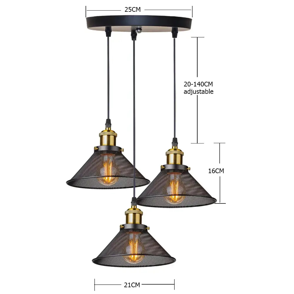 Industrial black cage pendant light with three black mesh shades and brass hardware for kitchen decorbites black cage