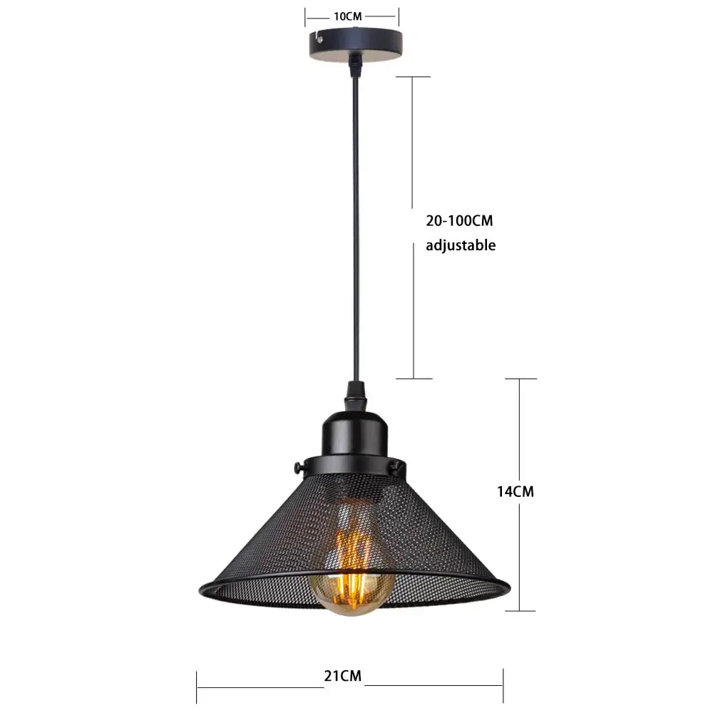 Black metal pendant light with a mesh shade, exposed filament bulb, and brass hardware for industrial decorbites black cage lighting
