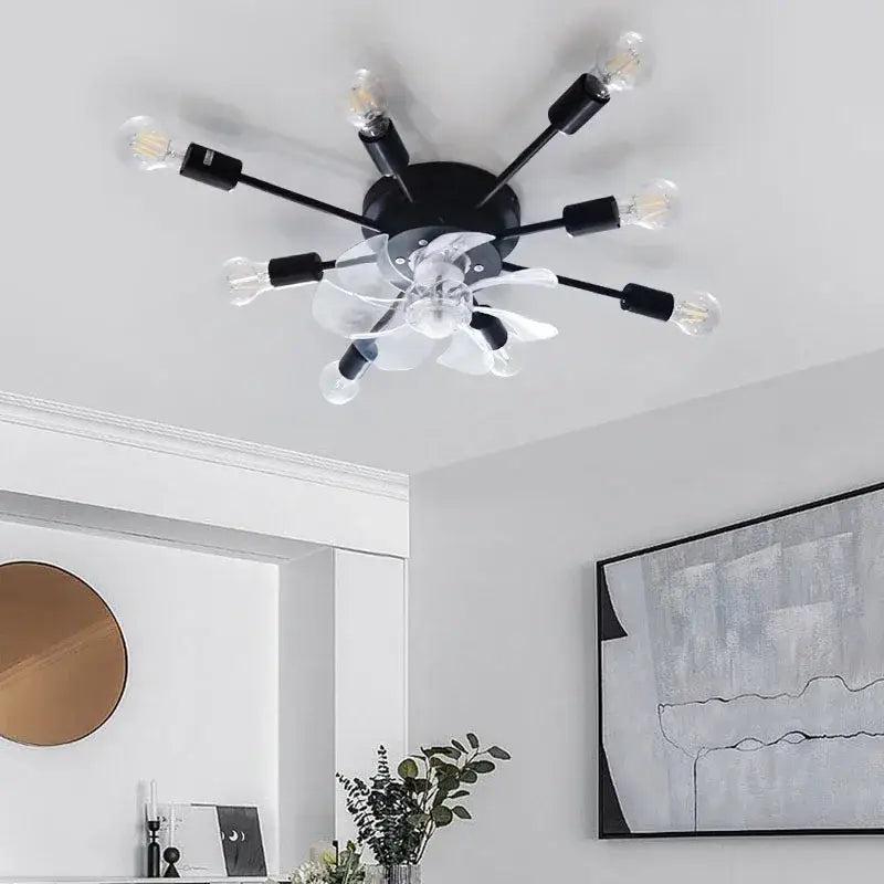 Industrial black ceiling fan with clear glass blades and exposed LED bulbs for modern living room decorbites industrial ceiling fan