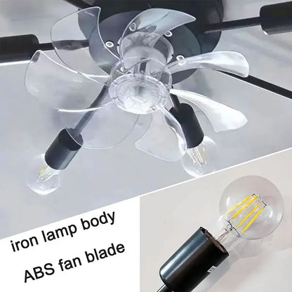 Industrial black ceiling fan with clear abs blades and led lights featuring black iron body for living room use