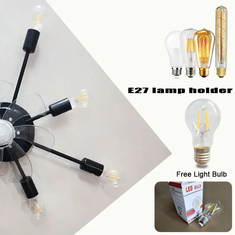 Black metal chandelier with five arms and clear glass led bulbs featuring led lights for living room ceiling fan