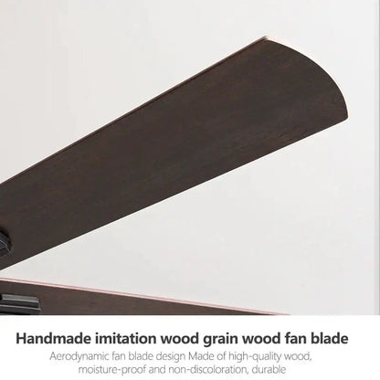 Industrial black ceiling fan with remote control featuring dark brown handmade imitation wood grain blades and sleek design