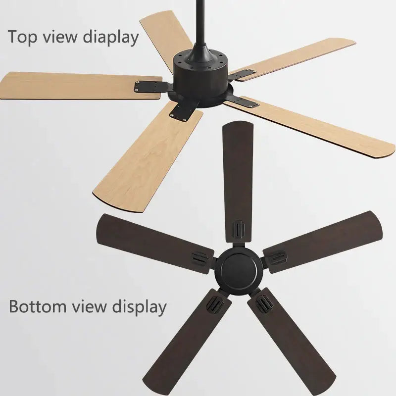 Industrial black ceiling fan with remote control featuring light and dark wooden blades in a living room setting