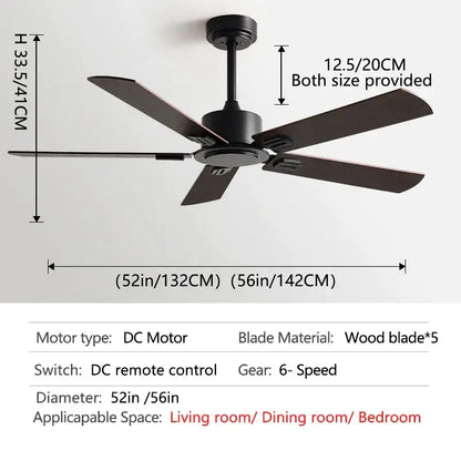 Industrial black ceiling fan with five wooden blades and remote control in black industrial style for living room use