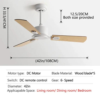 White ceiling fan with three light wood blades and dc motor in black industrial style with remote control for living room