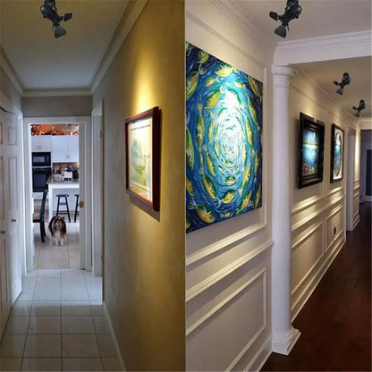 Industrial black ceiling spotlight lamp with adjustable hallway blades featuring vibrant blue and green fish artwork in dark wood frame