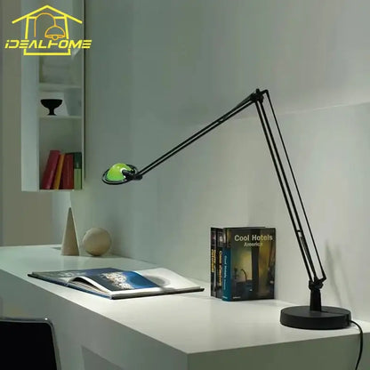 Black articulated desk light with green-tinted circular head industrial black chrome rocker arm decorbites office task lamp
