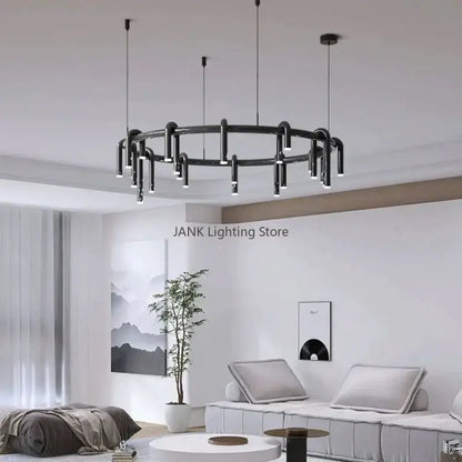 Black industrial circular ring pendant chandelier with multiple vertical lights for dining room decorbites pendant lights