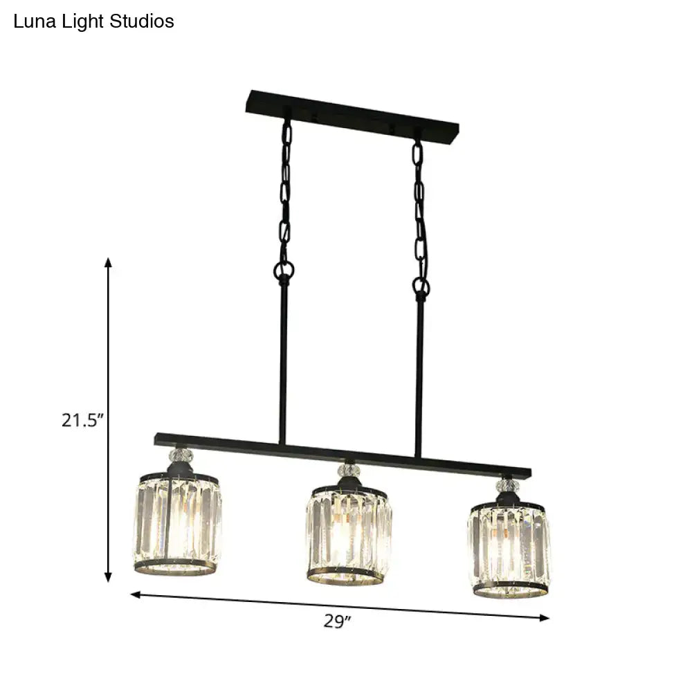 Black metal pendant light with three clear crystal cone cylinder glass shades for dining room industrial decor