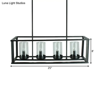 Black metal rectangular pendant light with four clear glass cylinders for kitchen island illumination