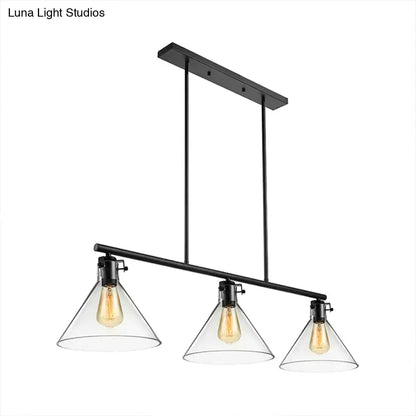 Black metal industrial cone clear glass island lamp with three exposed filament bulbs for dining table lighting