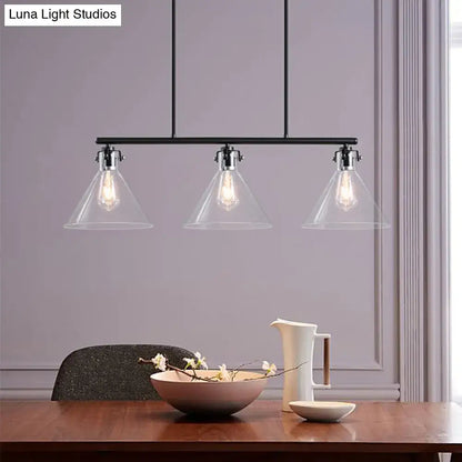 Black metal DecorBites™ industrial cone clear island lamp with three cone clear glass shades for dining table lighting