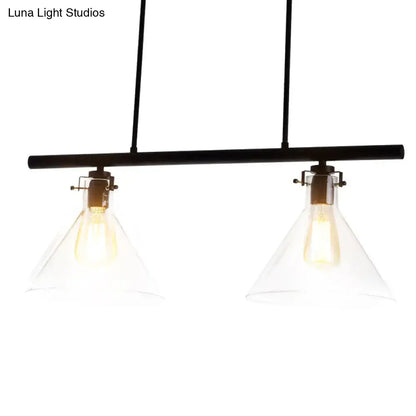 Black metal industrial cone clear glass island lamp with two conical shades and exposed filament bulbs for dining table