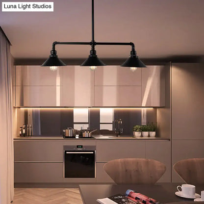 Industrial black conical island dining room pendant light with three exposed bulbs and pipe-like arm 220v-240v 110v-120v