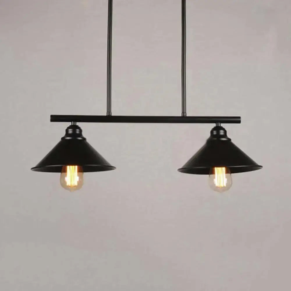 Black DecorBites™ retro loft metal island pendant light fixture with two conical shades and exposed filament bulbs
