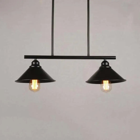 Black DecorBites™ retro loft metal island pendant light fixture with two conical shades and exposed filament bulbs