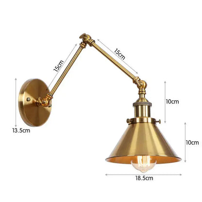 Brass-finished adjustable wall sconce with conical shade and exposed filament bulb in black copper vintage style decorbites design