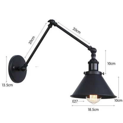 Black copper vintage wall sconce with adjustable wrought iron arm and conical shade featuring an exposed edison bulb
