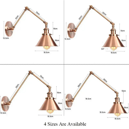 Copper-finished adjustable arm wall sconce with conical shade and exposed bulb for industrial black copper vintage decorbites use