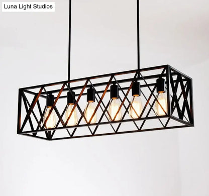 Industrial black cross framed metal ceiling light with five exposed Edison bulbs for dining table illumination