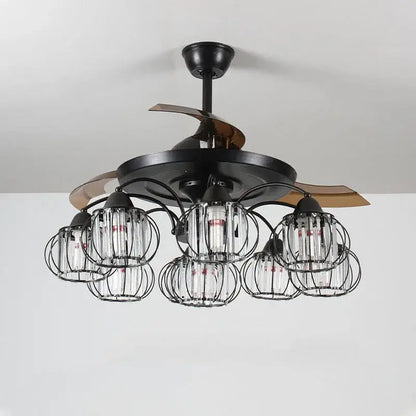 Black crystal industrial ceiling fan with five cage-style light fixtures and decorbites black crystal design for living room use
