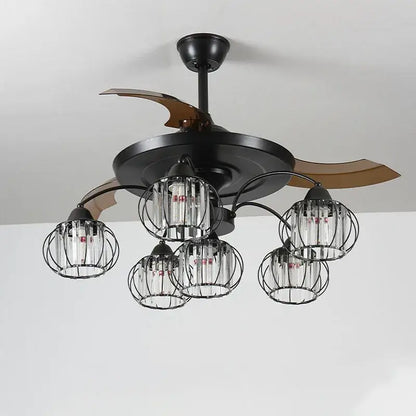 Industrial black crystal ceiling fan with black wrought iron frame, five glass cage lights, wooden blades for living room decorbites black crystal