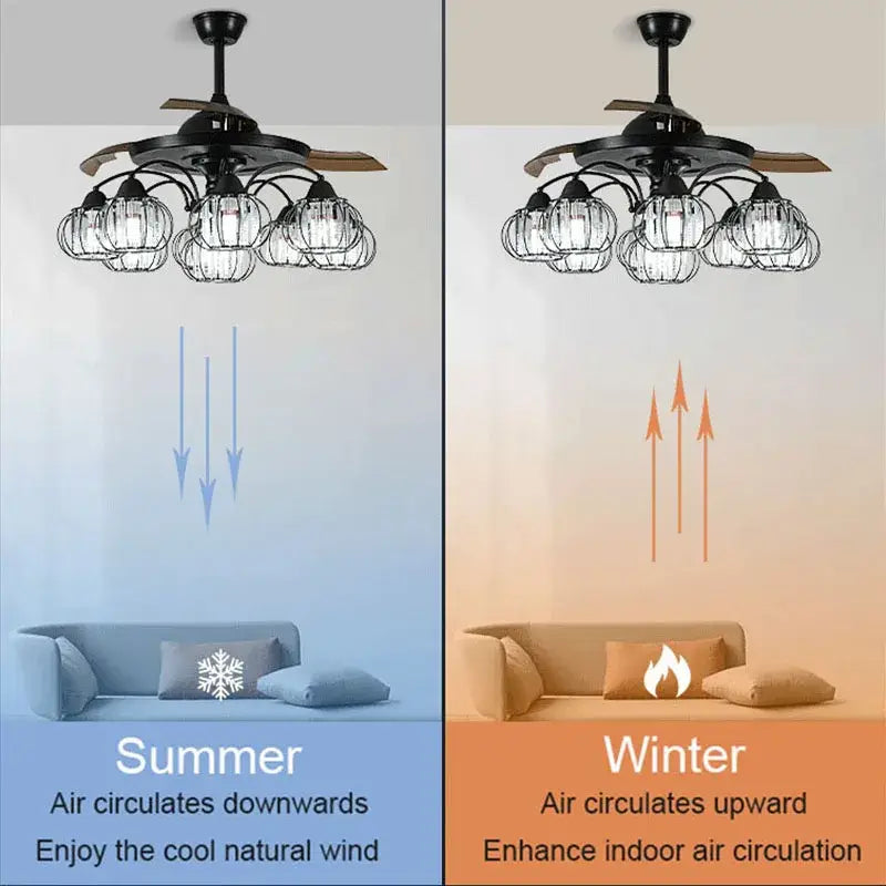 Industrial black crystal ceiling fan with black wrought iron frame wooden blades and glass globe lights decorbites black crystal
