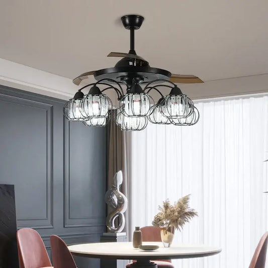Industrial black crystal ceiling fan with black wrought iron blades and five cage-style glass lampshades for living room decorbites black crystal