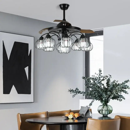 Industrial black crystal ceiling fan with wooden blades and integrated lights for modern living room decorbites black crystal design