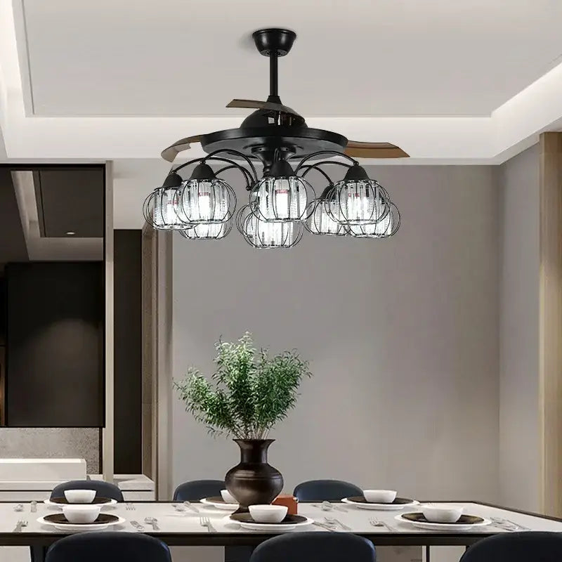 Black wrought iron ceiling fan with five glass cage lights and wooden blades for industrial black crystal decorbites ceiling fan
