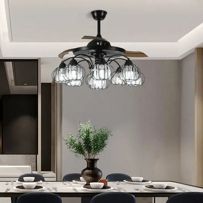 Black wrought iron ceiling fan with five glass cage lights and wooden blades for industrial black crystal decorbites ceiling fan