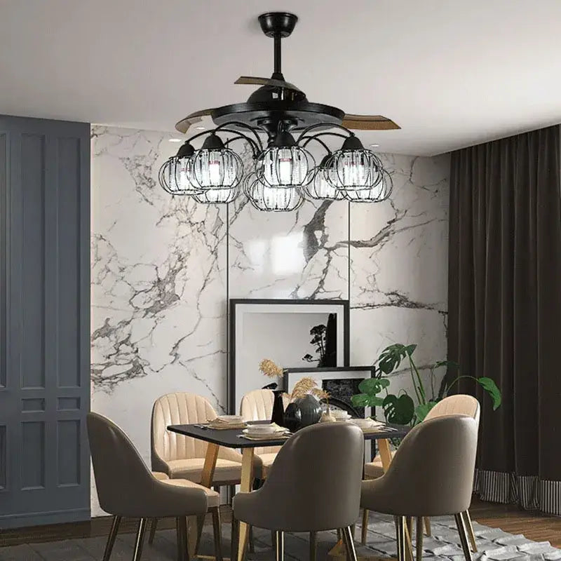 Industrial black crystal ceiling fan with black wrought iron frame, wooden blades, and five glass light fixtures by decorbites black crystal